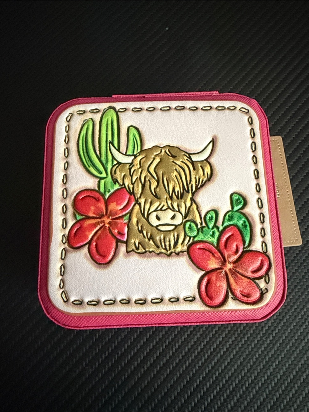 Pink Trim Square mini jewelry box with Highland Cow and Floral Appliqué